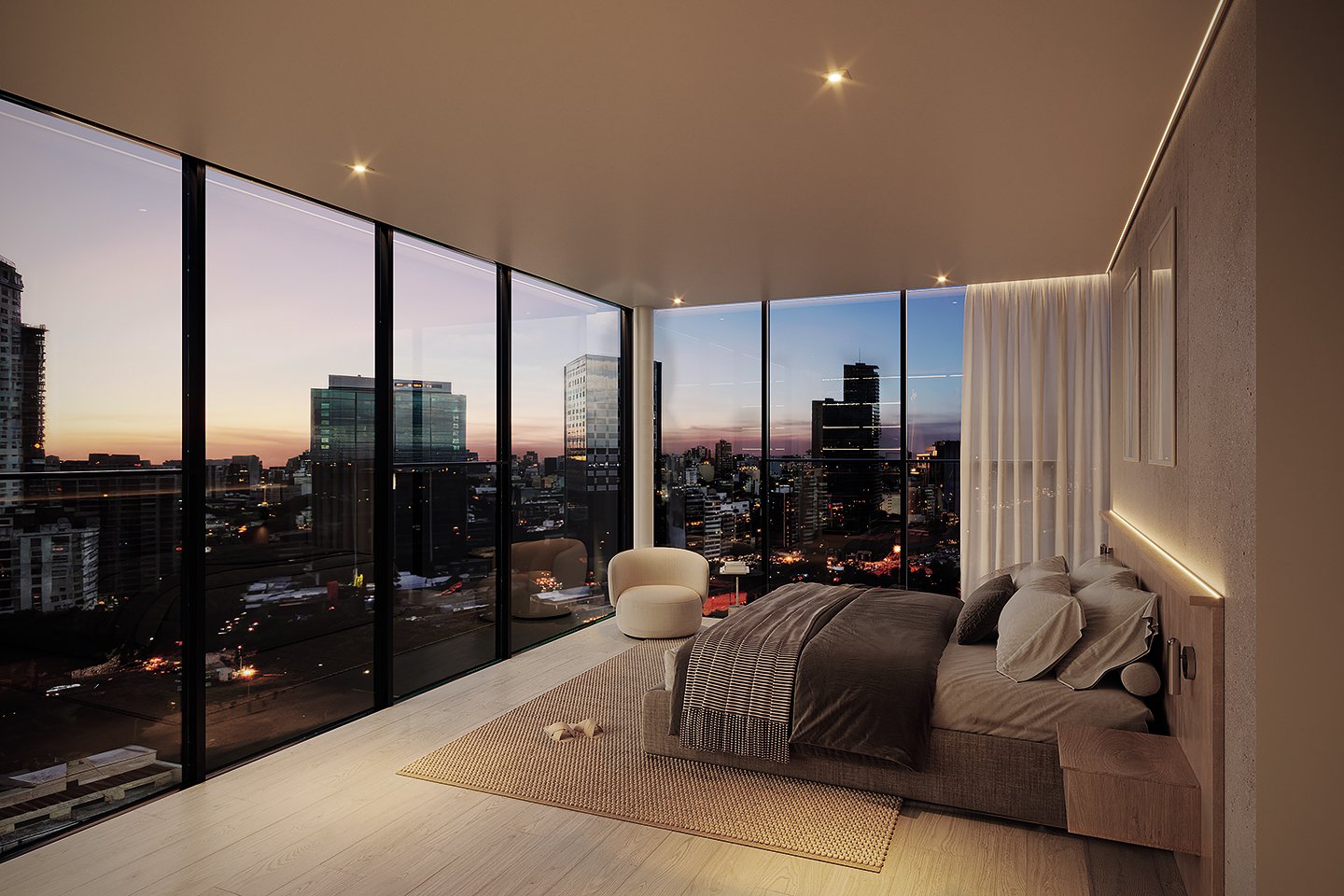 Interior de dormitorio con vista urbana